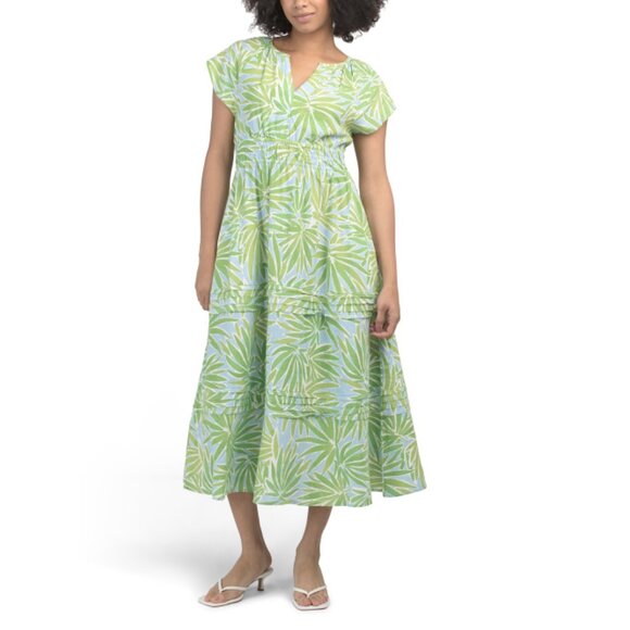 SIGRID OLSEN Ice Linen Blend Island Palm Smocked Waist Maxi Dress - Picture 1 of 2